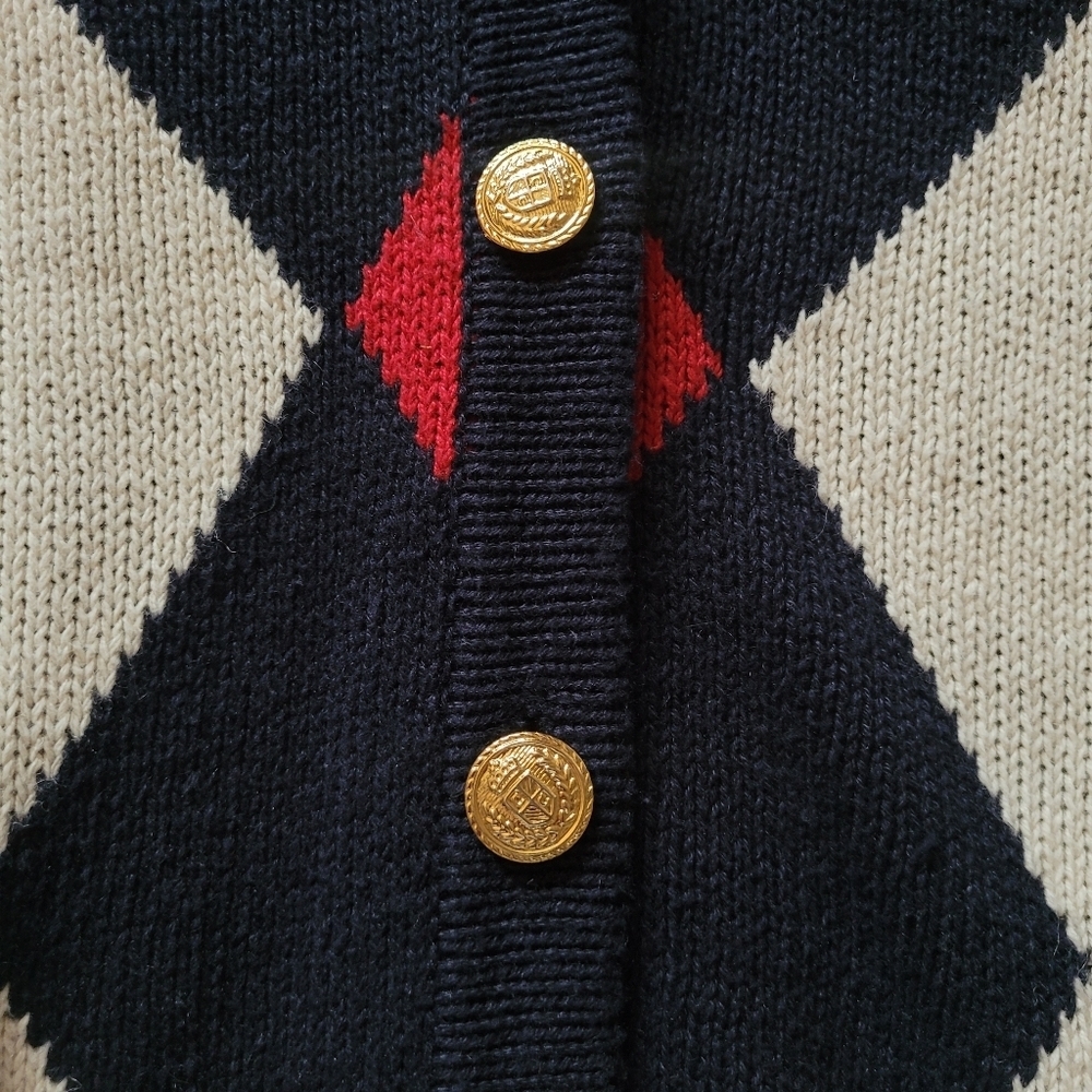90's Casual Corner Navy Red Cream Argyle Ramie Cotton Cardigan - Picture 6 of 7